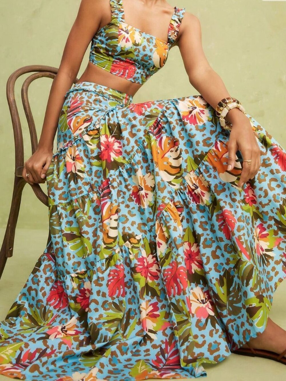 Multicolor Boho Women's Tropical Leopard Floral Cami Crop Top & Skirt Set